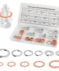 88Pcs Car Oil Drain Plug Gasket Kit with 6 aluminum and 5 copper sizes M10 to M18, displayed in storage box.