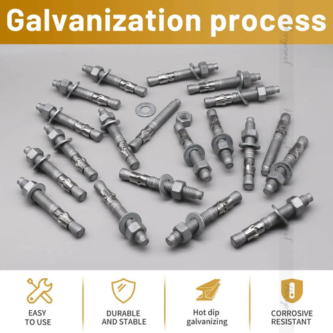 Image showing a set of three eighths inch outer diameter concrete anchor bolts with washer and nut, galvanized carbon steel wedge anchors for concrete, three inch length, bulk pack of ten, heavy duty fasteners for structural installations.