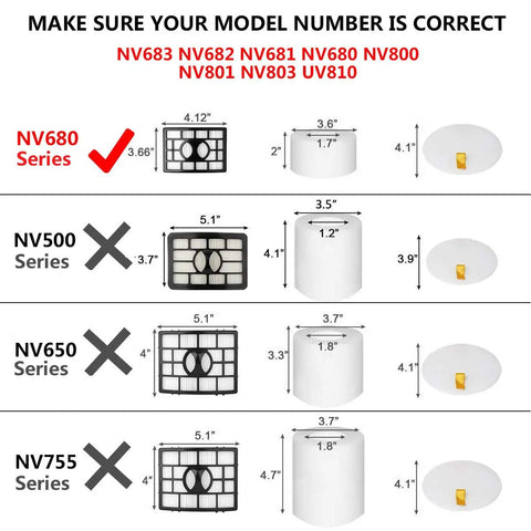 Comparison chart of filter sizes for different Shark vacuum models, highlighting compatibility with NV680 series using Foam And Felt Vacuum Filter Replacement Kit For Shark Rotator Lift Away Speed NV683 NV682 NV681 NV680 NV800 NV801 NV803 UV810 Replaces XFF680 And XHF680 Easy To Install Durable Filter Set Keeps Suction Strong.