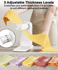 Electric Pasta Maker With Roller And Cutters For Fresh Noodles showing 5 adjustable thickness levels, rolled yellow pasta sheet being crafted.