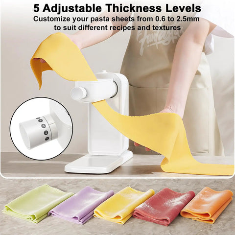 Electric Pasta Maker With Roller And Cutters For Fresh Noodles showing 5 adjustable thickness levels, rolled yellow pasta sheet being crafted.