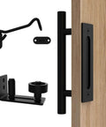 Black 12 Inch Barn Door Handle With Latch And Adjustable Floor Guide Kit For Tough As Nails Sliding Doors Flat Bottom Design