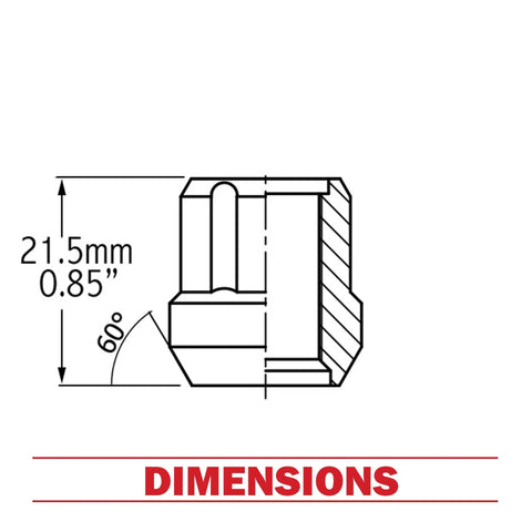 Technical diagram of Chrome M14x1.5 Lug Nuts 25mm Long Open End Bulge Acorn Style 7 Spline Truck Hex