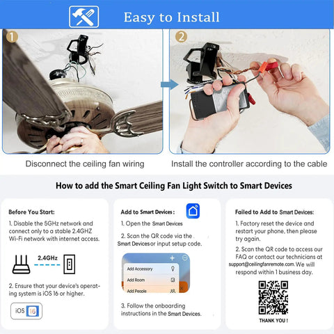 Installation steps for Smart WiFi Ceiling Fan Remote Kit With Light Dimmer And 3 Speed Settings, Nature Breeze, Plug And Play Setup