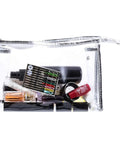 Clear plastic bag containing Two Boxes Pre Threaded Hand Sewing Needles Kit With Colorful Threads For Quick Fixes Includes Four Buttons And Four Safety Pins 20 Pieces Total For Mending And DIY Projects alongside toiletries.