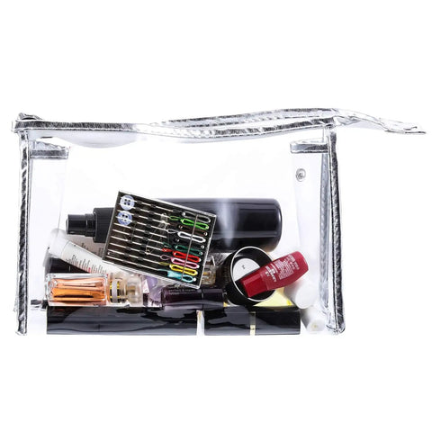 Clear plastic bag containing Two Boxes Pre Threaded Hand Sewing Needles Kit With Colorful Threads For Quick Fixes Includes Four Buttons And Four Safety Pins 20 Pieces Total For Mending And DIY Projects alongside toiletries.