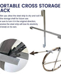 Heavy Duty Manganese Steel Drain Snake With Tough Impact Head And Storage Rack To Knock Out Stubborn Sink Clogs And Keep Your Pipes Flowing Smooth, shown in portable cross storage rack.