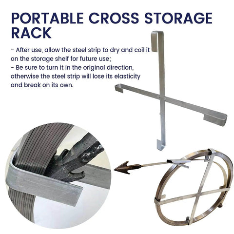 Heavy Duty Manganese Steel Drain Snake With Tough Impact Head And Storage Rack To Knock Out Stubborn Sink Clogs And Keep Your Pipes Flowing Smooth, shown in portable cross storage rack.
