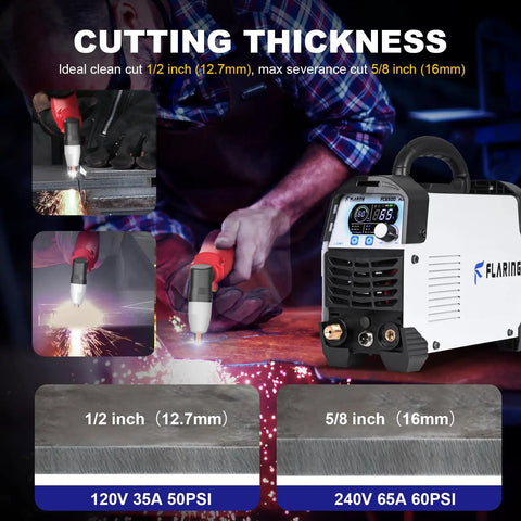 65 Amp Touch Arc Plasma Cutter Pro Grade Beast, Dual Voltage 120 and 240V, shown cutting metal with digital display visible