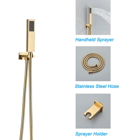 Gold Shower System With 10 Inch Brass Rain Shower Head And Handheld, Wall Mounted Luxury Bath Mixer details