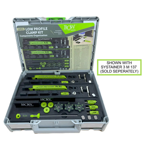 Open case of Low Profile Clamp Kit For CNC Machines MFT Tables Dog Tables T Track Tables And Work Benches with tools visible