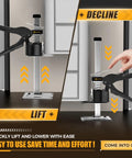Heavy Duty Workhorse Solid Steel Drywall Lift And Furniture Jack With Extended Lever Arm Handle For Wall Tile Locator And Door Panel Height Adjustment Up to 330 Pound Capacity shown in lift and decline positions.
