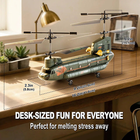 Desk-sized Remote Control Helicopter For Kids And Military Fans With Altitude Hold And One Key Takeoff And Landing on a table