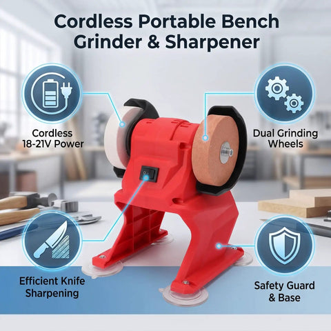 Heavy Duty Badass Mini Bench Grinder Featuring Dual 70 Mm Wheels Kicking Out 5500 Rpm For Rad Metal Shaping And Deburring Using Any 18V Battery Pack For Your Workshop, showcasing cordless design with dual grinding wheels.