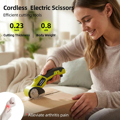 Heavy Duty Cordless Electric Cutter With 4V Rechargeable Battery And Two Sharpened Rotary Blades in use cutting a cardboard box.