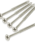 Rock Solid Satin Nickel Door Hinge Screws 9 By 3 Inch Heavy Duty Alloy Steel Hardware For Interior Exterior Wood Or Metal Doors 25 Pack, close-up view of screws.
