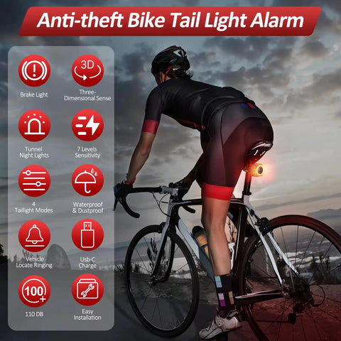 Super Cool Smart Tail Light Bike Alarm For Happy E-Bike Offroad MTB With Advanced 3D Vibration Sensor And Dark Tunnel Auto-Illumination rear light on a road bike