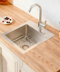 Drop In Bar Sink 15 By 15 Inch 16 Gauge Stainless Steel for outdoor wet bar, RV sinks, top mount with faucet and wooden countertop.