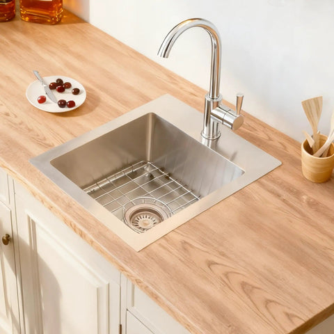 Drop In Bar Sink 15 By 15 Inch 16 Gauge Stainless Steel for outdoor wet bar, RV sinks, top mount with faucet and wooden countertop.