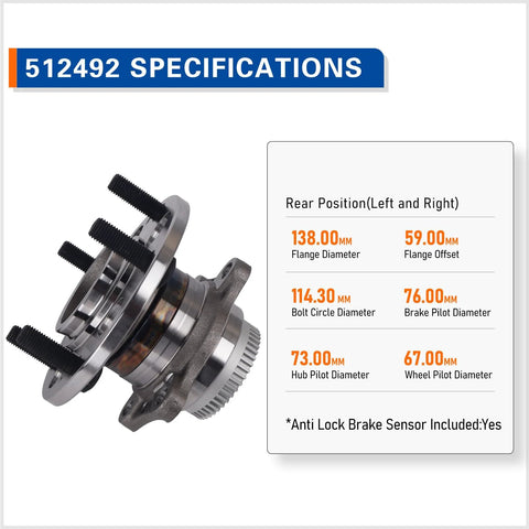 Beefy Rear Wheel Hub Bearing Assembly 512492 Fits Hyundai Elantra 2011 to 2018 shown with specifications chart