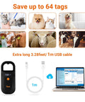 Pet Microchip Reader With D Ring Included For Easy Carry Portable RFID Scanner shown with animals, USB cable, and computer display.