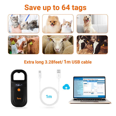 Pet Microchip Reader With D Ring Included For Easy Carry Portable RFID Scanner shown with animals, USB cable, and computer display.