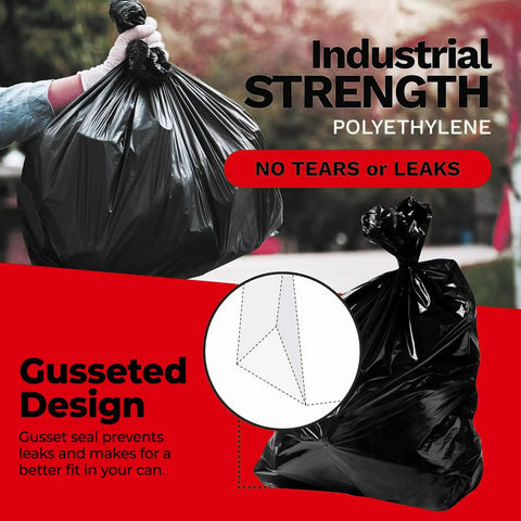 Beefy 55 Gallon Contractor Trash Bags 2 Mil Thick Heavy Duty Drum Liners, gusseted design, no tears or leaks, black in color.