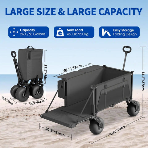 Heavy Duty Beach Wagon With 9 Inch All-Terrain Wheels, Collapsible Cart For Sand And Surf on beach, shows folded storage dimensions.