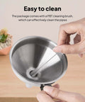 Stainless Steel Resin Funnel With Filter And Brush for 3D Printers Spill Free Filtration shown with cleaning brush over wooden surface