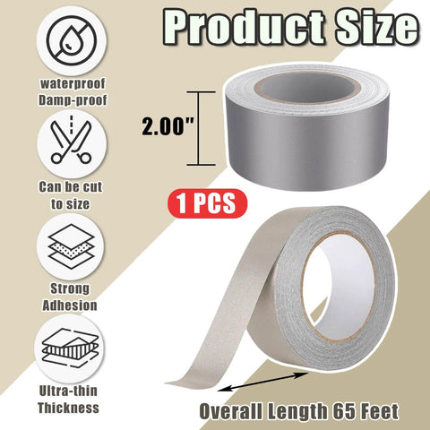 Roll of waterproof conductive tape with EMI shielding cloth, 2 inch by 65 feet, showing features like waterproof, cuttable, strong adhesion.
