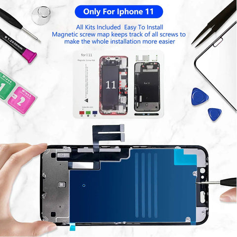 IPhone Screen Replacement 6.1 Inch With 3D Touch LCD Digitizer Compatible A2111 A2223 A2221 Deluxe DIY Kit with repair tools visible