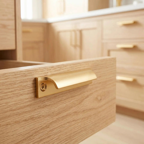 Two Piece Aluminum Alloy Drawer Pull Handles 3.5 Inch Low Profile Sash Lift Finger Pulls for Kitchen Cabinets, Gold Finish, Installed