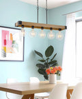 36 Inch Rustic Kitchen Island Light With 5 Lights, Linear Metal Frame, Hickory Wood Look And Black Finish, Modern Farmhouse Pendant