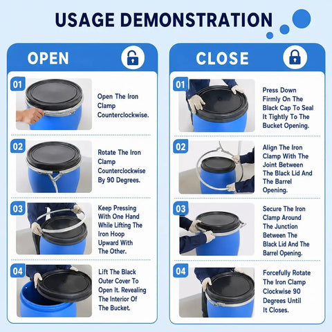 Usage demonstration for Food Grade Blue Plastic Drum With Airtight Lid And Metal Latch Ring Built Tough For Emergency Water Storage