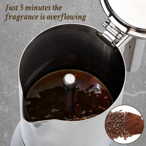 Top view of Stovetop Espresso Maker 6 Cup Moka Pot In Stainless Steel brewing coffee with coffee beans and grounds displayed.