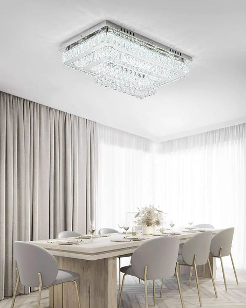 Modern Crystal Ceiling Light Chandelier With LED Fixture For Bedroom Living Room Dining Room Kitchen Rectangular 13.8 Inch White Dimmable Sleek Contemporary Ceiling Lamp above dining table in bright room.