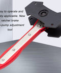 Brake Caliper Press Tool 360 Degree Swing Ratchet Piston Spreader with red handle and black metal head.