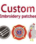 Custom Embroidery Patches To Flex Your Fresh Fits On Caps Jackets Backpacks And Tactical Uniforms With Dependable Iron Or Sew On Hook And Loop Fasteners showing various designs including fire rescue and graphic patches.