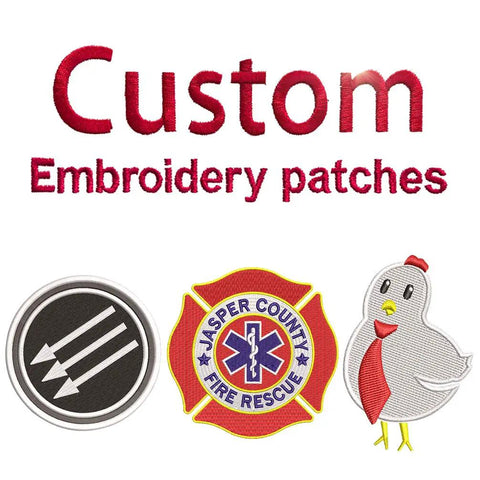 Custom Embroidery Patches To Flex Your Fresh Fits On Caps Jackets Backpacks And Tactical Uniforms With Dependable Iron Or Sew On Hook And Loop Fasteners showing various designs including fire rescue and graphic patches.
