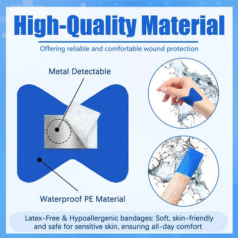 Blue Food Service Bandages With Detectable Waterproof Adhesive And Quilt Aid Pad, durability and use in wet conditions.