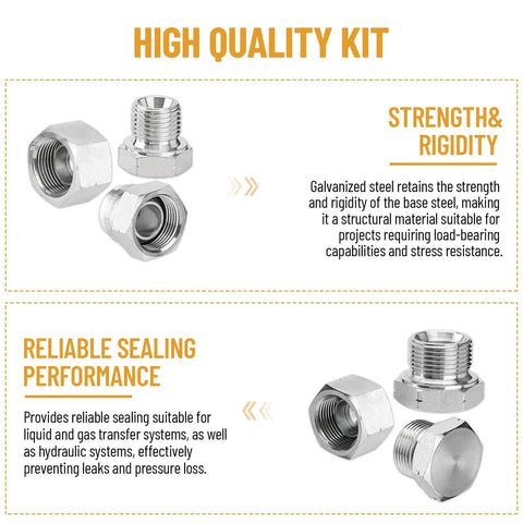 Heavy Duty BSPP Cap And Plug Kit For Hydraulic Systems, 56-Piece Galvanized Steel Fitting Set With Precision Threading displayed