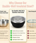 Hella Solid 32 Oz Double Wall Vacuum Insulated Stainless Steel Bowl With Tight Seal Silicone Lid Keeps Your Chow Ice Cold For Up To Twelve Hours All Day Long comparison image showing features of insulated bowl.