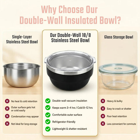 Hella Solid 32 Oz Double Wall Vacuum Insulated Stainless Steel Bowl With Tight Seal Silicone Lid Keeps Your Chow Ice Cold For Up To Twelve Hours All Day Long comparison image showing features of insulated bowl.