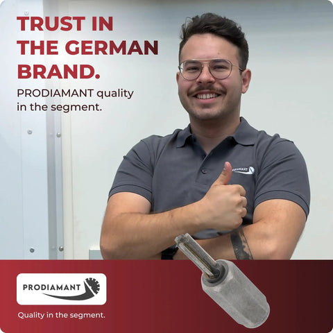 Man in gray shirt giving thumbs up next to Prodiamant logo with text "Trust in the German Brand. Prodiamant quality in the segment."