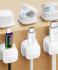 Six Pack Magnetic Cable Clips With Smooth Adjustable Adhesive Cord Organizer For Desk Nightstand Car And Wall Quick Snap Magnetic Hold 60 Degree Rotating Center For Easy One Hand Cable Management showing cable management on wooden desk