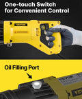 VEVOR 900W Electric Rebar Cutter Portable Hydraulic Cutting Machine 110V showing one-touch switch and oil filling port for easy use.