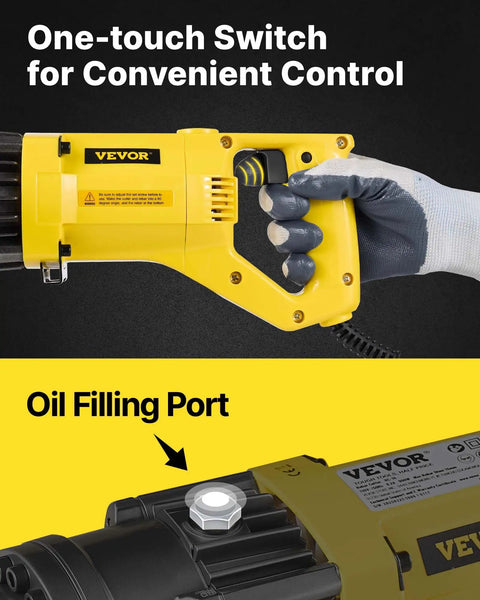 VEVOR 900W Electric Rebar Cutter Portable Hydraulic Cutting Machine 110V showing one-touch switch and oil filling port for easy use.