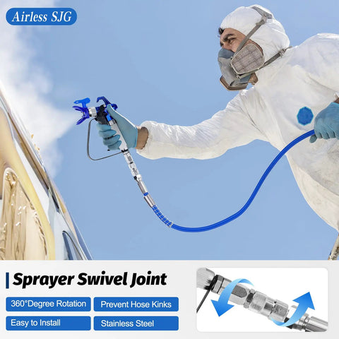 Pro Grade 3600 Psi Airless Paint Spray Gun Kit With 25 Foot High Pressure Hose Five Swappable Tips And Extension Rod in use by a masked painter.