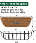 Rock Solid Metal Railing Planter Two Pack 24 Inch Rust Proof Window Box With Natural Coco Liner dimensions showing 24x7x7 inches and 3.5 gallons capacity.