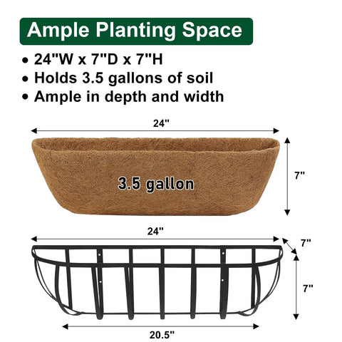 Rock Solid Metal Railing Planter Two Pack 24 Inch Rust Proof Window Box With Natural Coco Liner dimensions showing 24x7x7 inches and 3.5 gallons capacity.